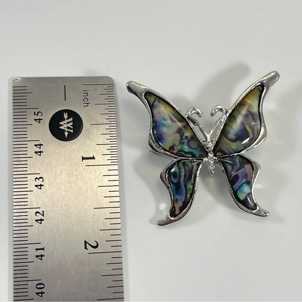 Silver Tone Faux Abalone Pearl Butterfly Brooch Pin Boho Vintage Look Statement